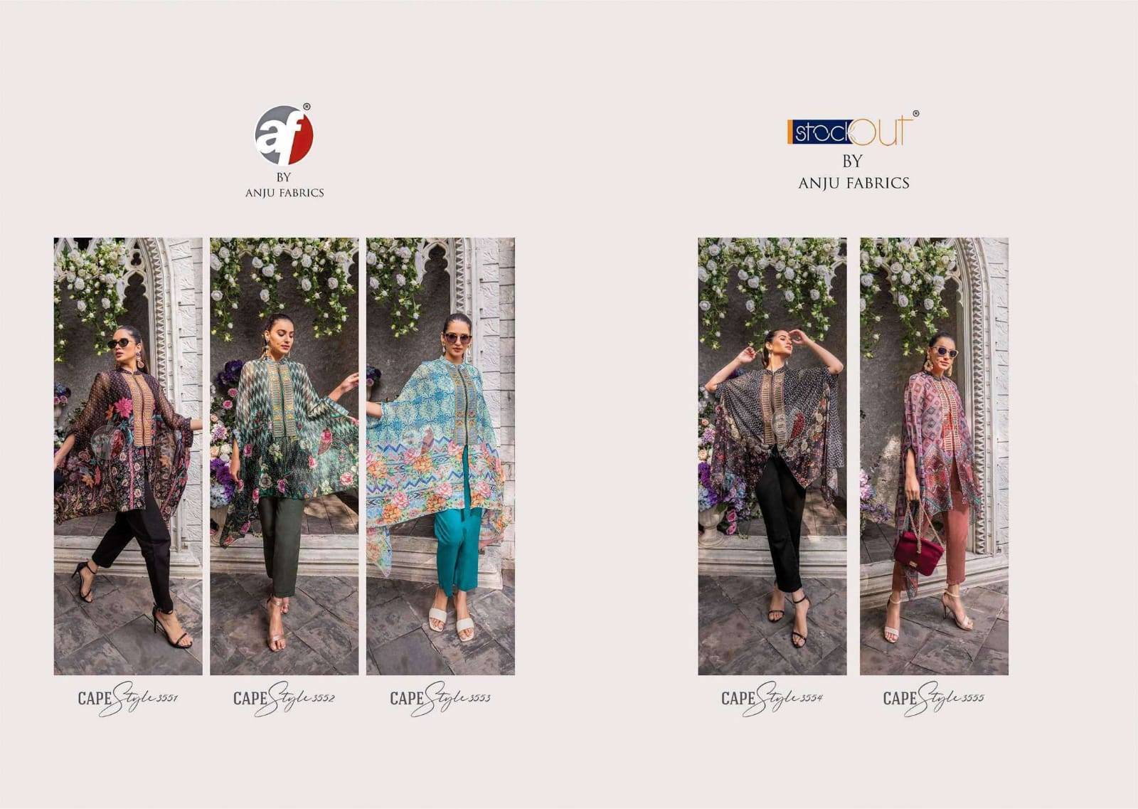 Cape style  by Anju fabrics 5551 TO 5555 SERIES Indian PRINTED VISCOSE party wear designer Cape style kaftan At Wholesale Price